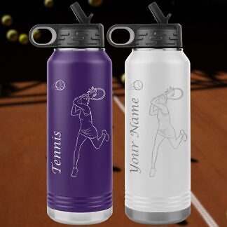 elegant tennis water bottle with female player outline